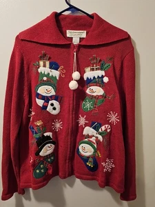 Tiara International Full Zip Ugly Christmas Sweater Snowmen Vintage Damen Gr. L - Bild 1 von 15
