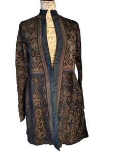 Peruvian Connection Small Open Front Cardigan Jacket Green Blue Floral Abstract - Picture 1 of 6