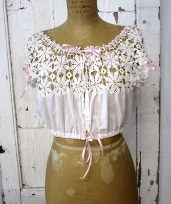 Antique 1900s Edwardian White Cotton Corset Cover Camisole Lace Top Blouse Med - Image 1 of 4