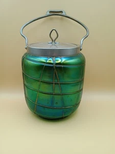 Antique Loetz Art Nouveau Bisquit Jar (1900?) Green Iridescent 6.5" Tall - Picture 1 of 18