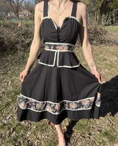 1970s Black Peplum Prairie Dress Whimsygoth Gunne Sax STYLE midi Sundress - Picture 1 of 9