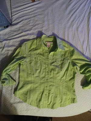 Nine & Company womens small green w metallic thin stripes button up long sleeve - Image 1 of 4