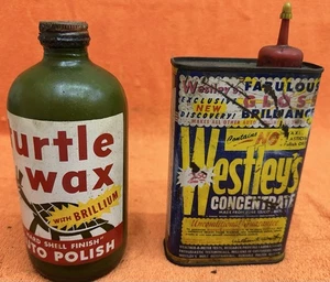 Vintage TURTLE WAX BOTTLE & WESTLEY’S CAN Gas Oil Collectible AUTOMOBILIA Old - Picture 1 of 10