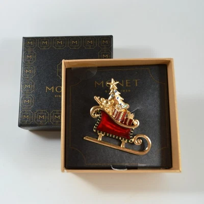 Monet Sleigh Pin Brooch Red Enamel Sled Never Worn Original Brown Box - Image 1 of 4