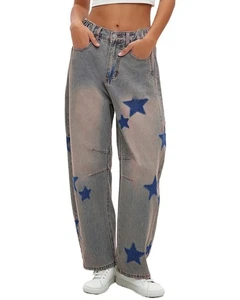 Star Barrel Wide Leg Jeans Women Loose Printed Boyfriend Mid Rise Baggy Denim... - Picture 1 of 6