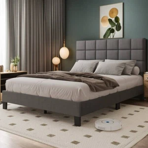Queen Size Upholstered Platform Bed Frame Tufted Fabric Headboard Modern Style - Picture 1 of 6