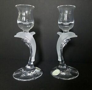 Set of 2 ~ Lenox Lead Crystal  Dolphin Candlesticks ~~ New in Box