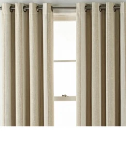 JCP Sullivan 50X63 Stripe Rafia Khaki Beige Ivory Blackout Grommet Curtain Panel - Picture 1 of 5