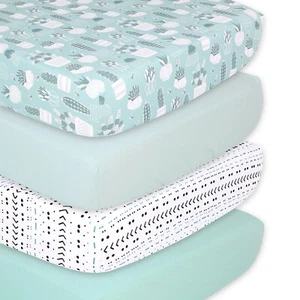 Cactus 4 Pack Print & Solid Microfiber Fitted Crib Sheet Set Green/White/Black - Picture 1 of 7