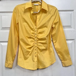 NY&C Ruched Madison Shirt Button Up Long Sleeve Yellow Top Size Small - Picture 1 of 5