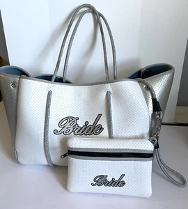 Haute Shore Greyson Bride Neoprene Large Tote With Pouch . White Silver Blue - Picture 1 of 5