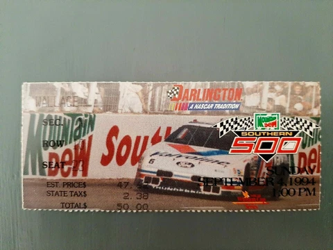 1994 Nascar Darlington Raceway Southern 500 Ticket Stub Bill Elliott Win Cover