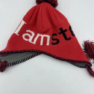 I Amsterdam Strickmütze mit Zöpfen Fleecefutter rot schwarz grau Bommel - Bild 1 von 8