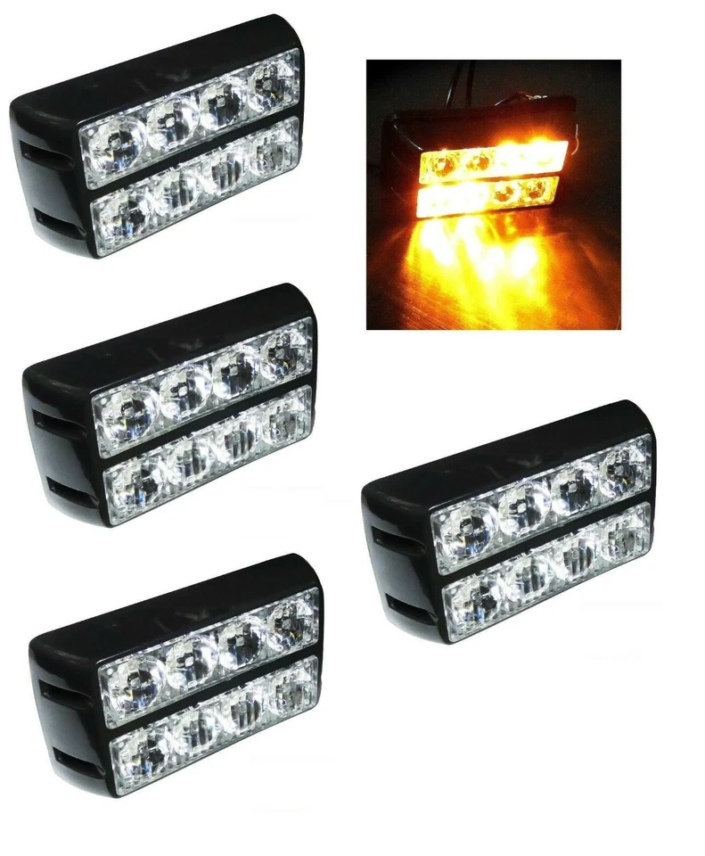 4 Pezzi 8 LED Stroboscopica Emergenza Luce Ambra 12/24V Auto SUV Camion Flash - Immagine 1 di 4