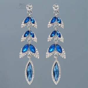 Dangle Earrings Blue Crystal Rhinestone Tassel Silver Plated Leaf Women Jewelry - Picture 1 of 4