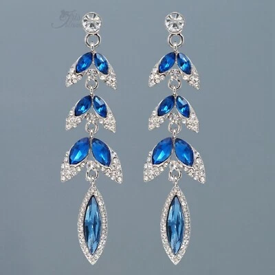 Dangle Earrings Blue Crystal Rhinestone Tassel Silver Plated Leaf Women Jewelry - Image 1 of 4
