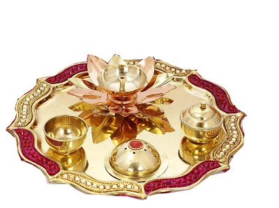 Brass Pooja Thali for Home Temple, Spiritual Gift  Golden, 10 inch US - Image 1 of 3