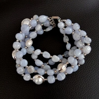 5 Strands Natural Blue Lace Agate Cultured White Pearl Beaded Bracelet - Image 1 of 4
