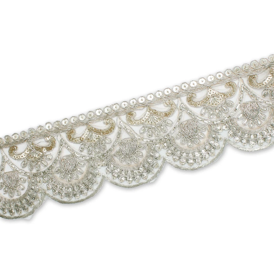 Borde de malla con cordón metálico lentejuelas florales festoneadas de 2,5 pulgadas (9,8 yardas / 9 m) Foto 1 de 1
