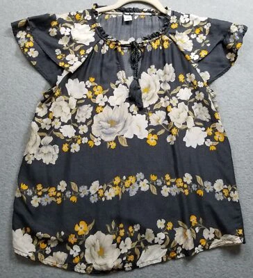 Old Navy Top Women’s Small S Gray Yellow Floral Short Sleeve Blouse Spring Rayon - Изображение 1 из 4