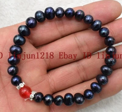 Real 8-9mm Tahitian Black Pearl & 10mm Red Jade Gemstone Bracelet 7.5'' - Изображение 1 из 4