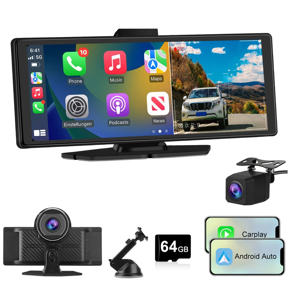 10.26" Zoll Tragbarer Apple CarPlay und Android Auto Wireless Display Autoradio - Bild 1 von 4
