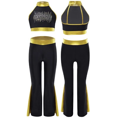 儿童女孩运动套装水钻舞蹈服装闪亮舞台表演服装 — 第 1/3 张图片