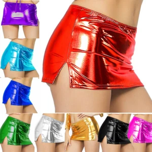 Mujeres Metálica Brillante Mini Falda Lencería Wetlook Micro Falda Baile Fiesta Club - Imagen 1 de 16