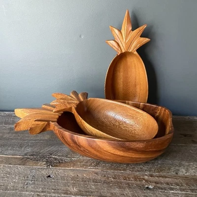 Juego de 3 cuencos de madera tallados a mano para servir decoración tropical rústica Foto 1 de 4