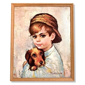 Stampa incorniciata firmata Medeiros ragazzo con cane vintage - Foto 1 di 7