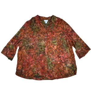 Liz Claiborne orange/green tie dye leaf print button up shirt top size 3X boho - Picture 1 of 6