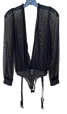 Fantasy Lingerie Women’s Black Mesh Bodysuit S/M Sheer Puff Sleeve Plunge Garter - Image 1 of 4