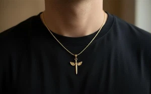 14K Massiv Gelbgold Heiliger Michael Schwert Anhänger - Unisex Schwert Charm Anhänger - Bild 1 von 5