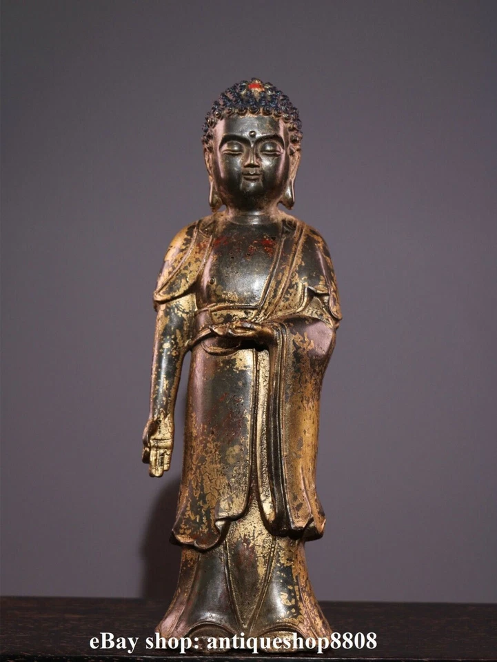 12" Tibet Buddhism Bronze Copper Clay Gold Shakyamuni Amitabha Buddha Statue - Image 1 of 4