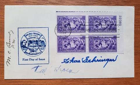 1939 Baseball Centennial First Day Cover FDC Cooperstown, HOF Signed Gehringer+ Cover