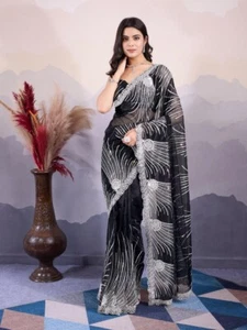 Designer black beautiful sequence Saree indian sequins bollywood party wear sari - Picture 1 of 10