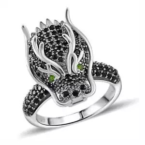 1.20ctw Black Spinel & Chrome Diopside Dragon Head Ring Rhodium Plated Size 7 - Picture 1 of 6
