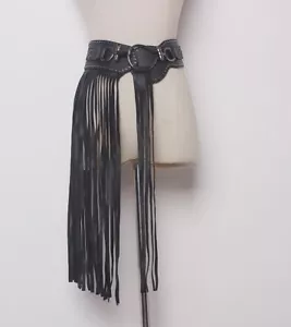 Women Faux Leather Long Fringe Tassel Skirt Belt Stretch Waistband Punk Clubwear - Picture 1 of 12