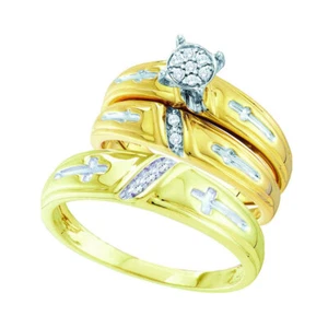 10k Yellow Gold His Hers Diamond Cluster Matching Bridal Ring Band Set 1/10 ctw - Picture 1 of 1