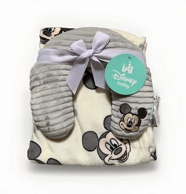 NEW Disney Baby Mickey Mouse Super Soft Blanket & Headrest/Neck-Roll Pillow Set - Image 1 of 4