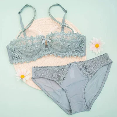 Conjunto de sujetadores de encaje ultrafino de 1/2 taza sin relleno lencería sexy bragas Foto 1 de 4