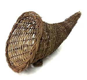 14" Thanksgiving Footed Brown Wicker Cornucopia Horn of Plenty - Picture 1 of 5