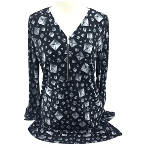 Michael Kors Black & Grey Geometric Print Shirt Blouse Top Zip Up Tunic Medium - Picture 1 of 12