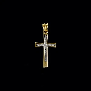 9ct Yellow & White Gold Diamond Cross Pendant (0.01ct) - Optional Chain - Picture 1 of 5