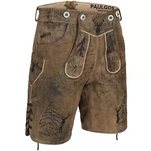 PAULGOS Men's Traditional Lederhosen + Straps Genuine Leather, Short 2 Colors HK5 Antique - Picture 1 of 13