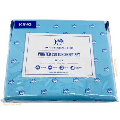 Southern Tide Printed Skipjack Logo Cotton Sheet Set - Topaz Blue, King Size - Image 1 of 4