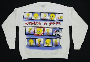 Rare Vintage Looney Tunes Strike A Pose Tweety Bird Crewneck Sweatshirt 90s SZ L - Picture 1 of 12