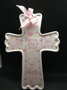 Bless This Child Wall Hanging Ceramic Cross For Baby Girl By Lady Jayne Ltd. - Picture 1 of 2