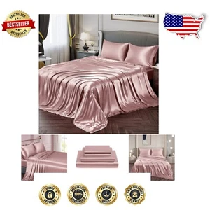 Rose Gold Satin Sheets King Size Set - Silky Soft & Deep Pocket Design - Picture 1 of 9