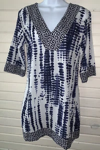 Cypress Sz SMALL Tunic Blue White Tie Dye 100% Cotton Artsy V-Neck EUC - Picture 1 of 9